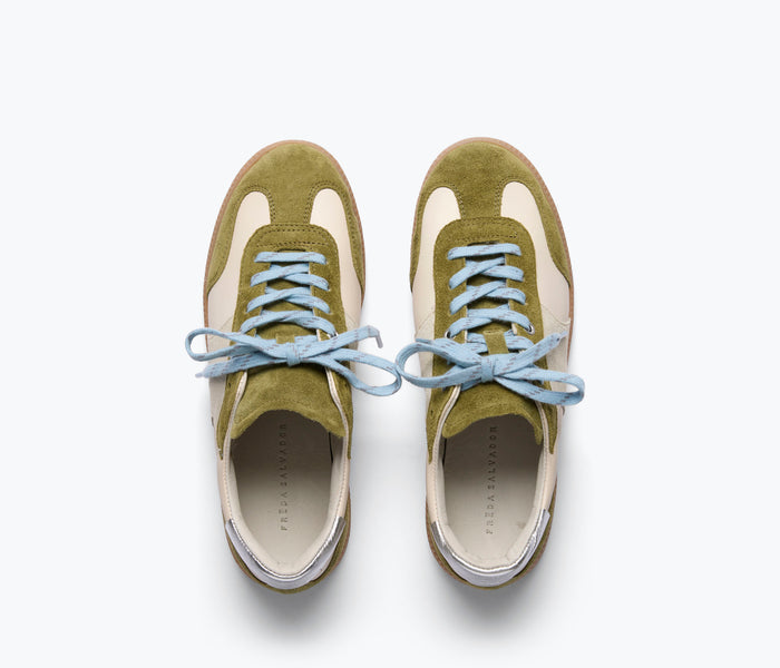 Fred Saldor Jackie Court sneaker in wasabi green suede, featuring a sleek low-top design and stylish laces.