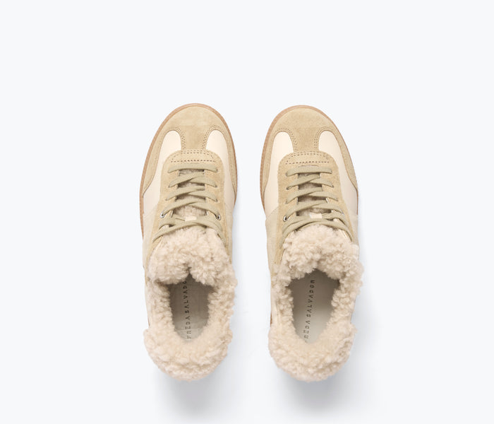 Freda Salvador Jackie Court sneaker in stucco suede with sherling top, showcasing a stylish casual sneaker design.