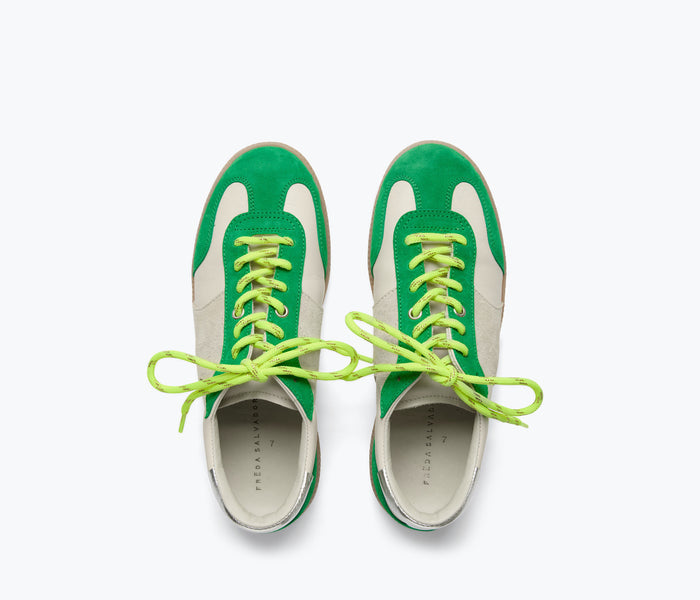 Freda Salvador Jackie Court sneaker in green suede, showing the top view with stylish design and textured material.