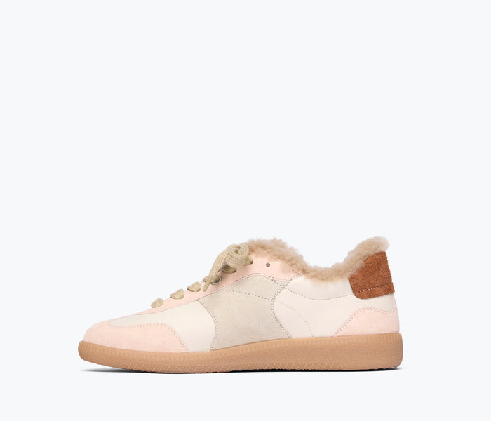 Fred Salvador Jackie Court sneaker in powder suede with sherling lining, showcasing a stylish and comfortable sneaker design.