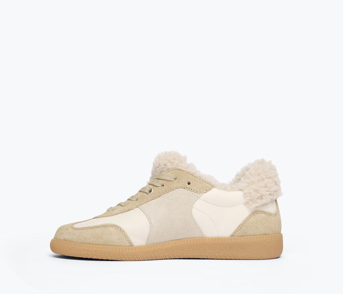 Freda Salvador Jackie Court sneaker in stucco suede with sherling lining, showcasing stylish and comfortable casual footwear.