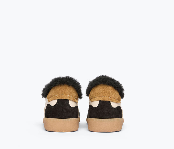 FREDA SALVADOR Jackie Court sneaker in black suede with sherling detail, showcasing a stylish casual sneaker design.