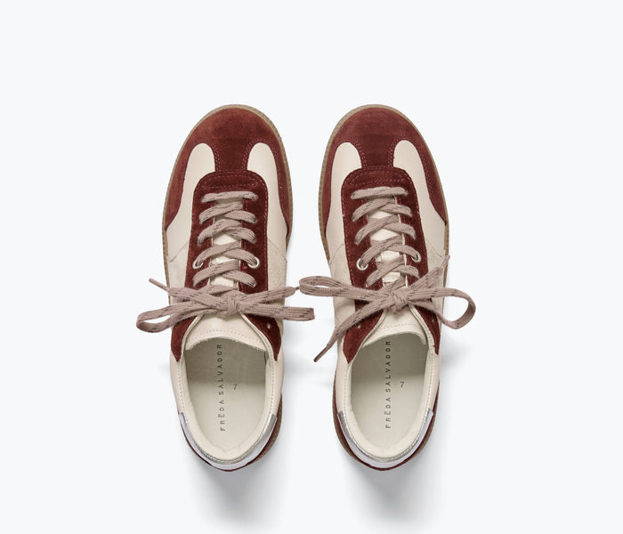 Freda Salvador Jackie Court sneaker in Coco suede featuring a sleek top view with stylish detailing.