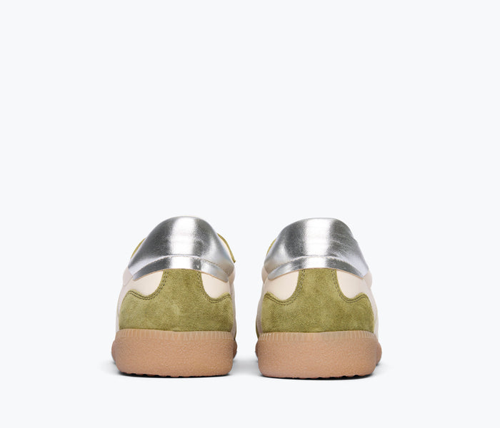 Fredsa Salvador Jackie Court sneaker in wasabi green suede, showcasing the stylish heel and sleek design.