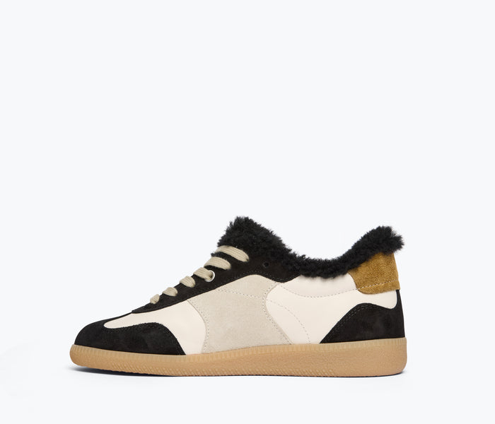 Black suede FREDA SALVADOR Jackie Court sneaker with sherling lining, shown from a side angle.