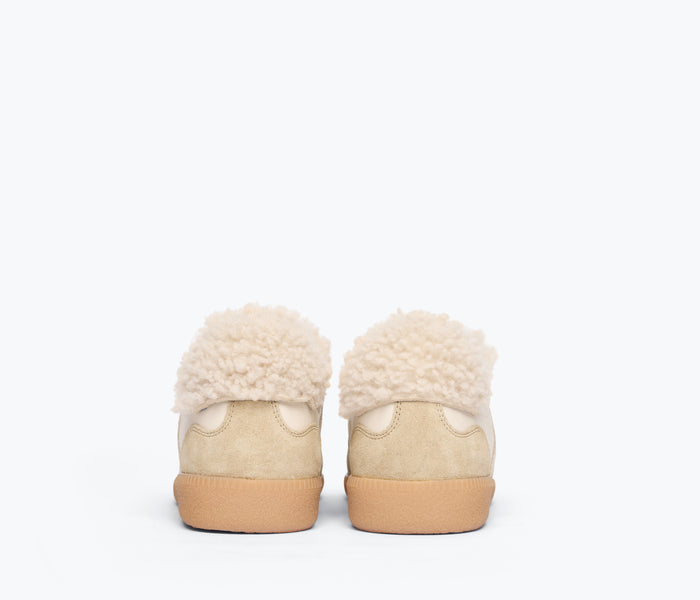 Freda Salvador Jackie Court sneaker in stucco suede with sherling heel, showcasing stylish casual footwear with textured material.