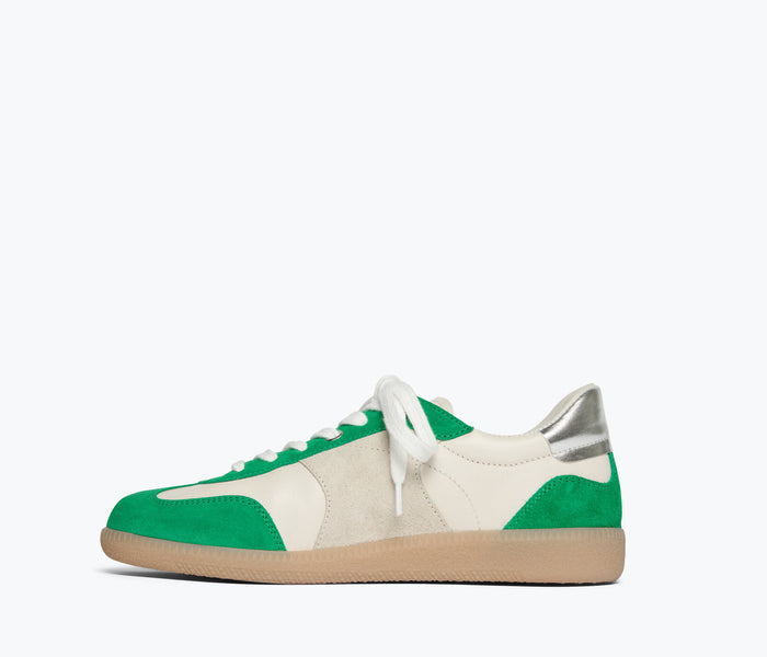 FREDA SALVADOR Jackie Court sneaker in green suede, showing inside view with stylish design and comfortable fit.