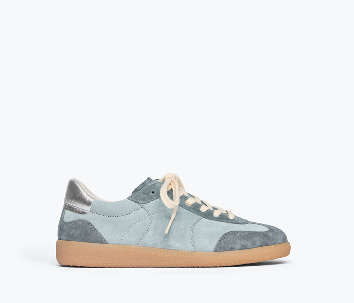 Freda Salvador Jackie Sneaker in blue suede with white accents, front view showcasing stylish casual sneaker design.
