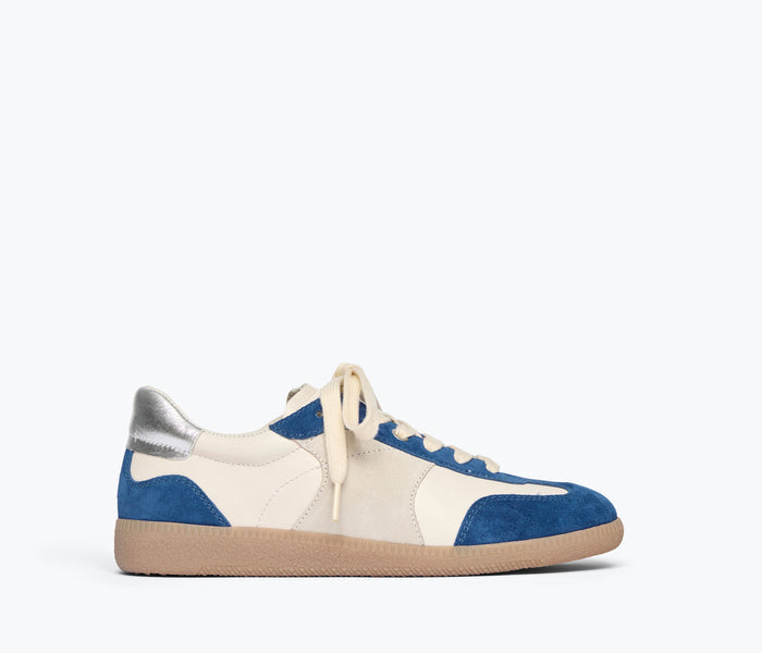 FREDA SALVADOR Jackie sneaker in cobalt suede, front view showcasing stylish design and textured material.