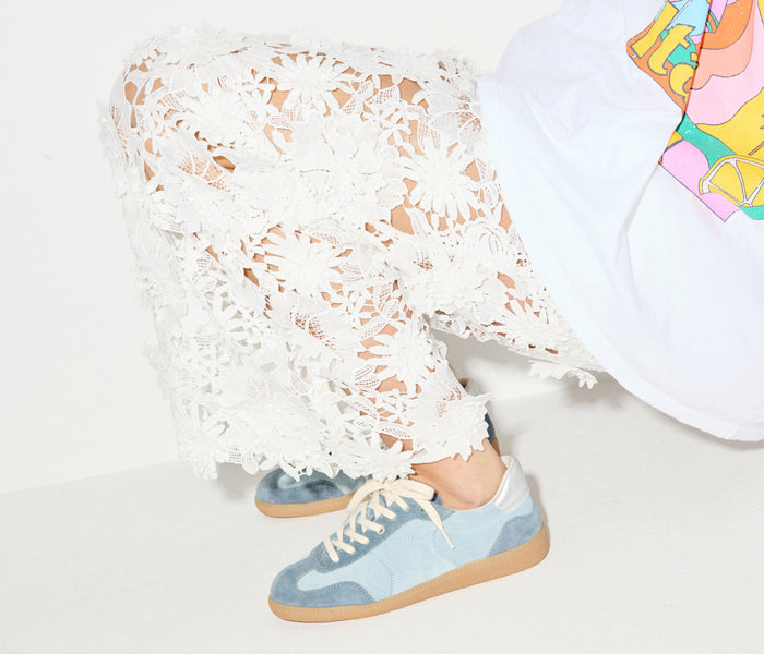 Blue suede FREDA SALVADOR JACKIE sneaker with white sole and stylish design, shown from a side angle.