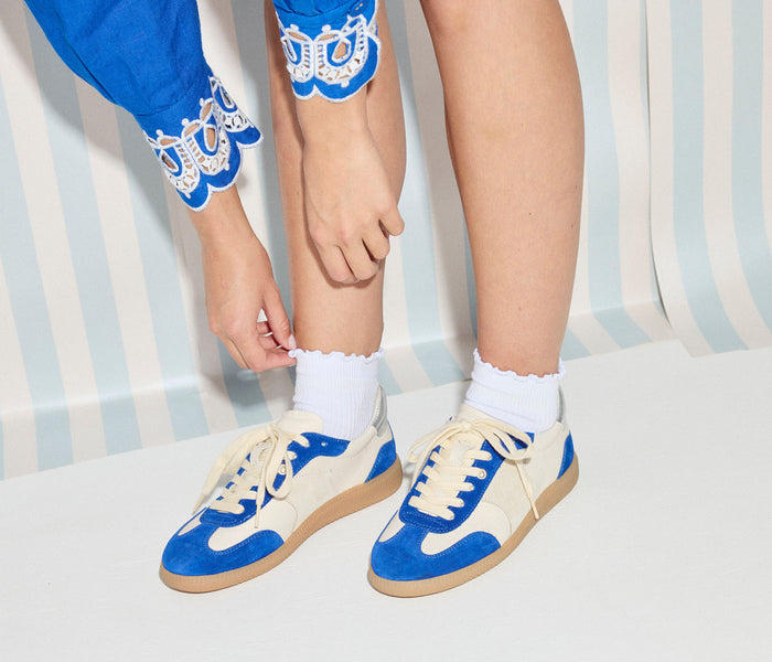 FREDA SALVADOR Jackie sneaker in cobalt blue suede with white rubber sole and stylish design.