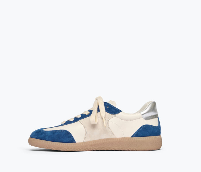 Freda Salvador Jackie sneaker in cobalt blue suede with white sole and cushioned interior for casual comfort and style.