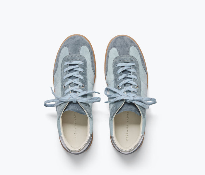 FREDA SALVADOR Jackie sneaker in blue suede with white accents, featuring a stylish casual design and comfortable sole.
