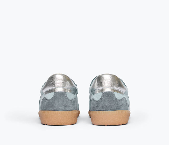 FREDA SALVADOR Jackie sneaker in blue suede with white accents, featuring a low heel and casual sneaker design.