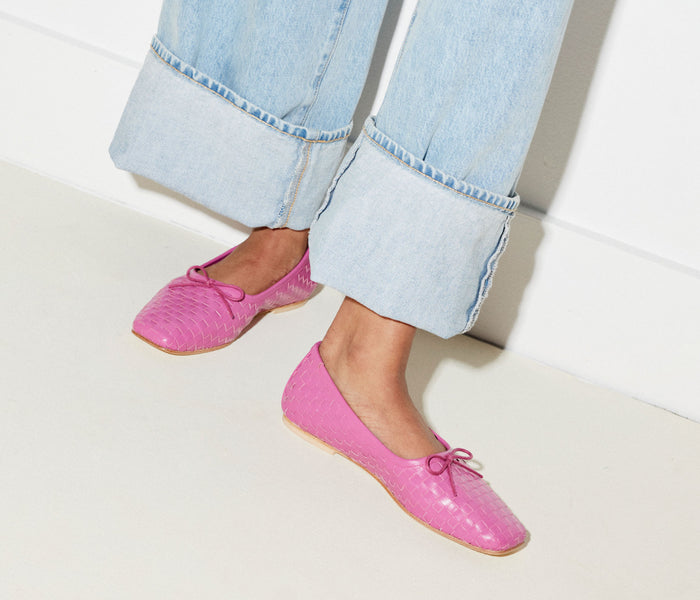 Magenta ballet flat by Freda Salvador with a square toe design, featuring a sleek, minimalist style perfect for casual or dressy wear.