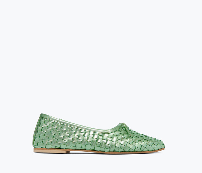Freda Salvador JADA square toe ballet flat in mint metallic, front view showing sleek design and pointed toe shape.