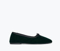 Fredas Salvador JADA square toe ballet flat in emerald velvet, front view showing sleek design and soft textured fabric.