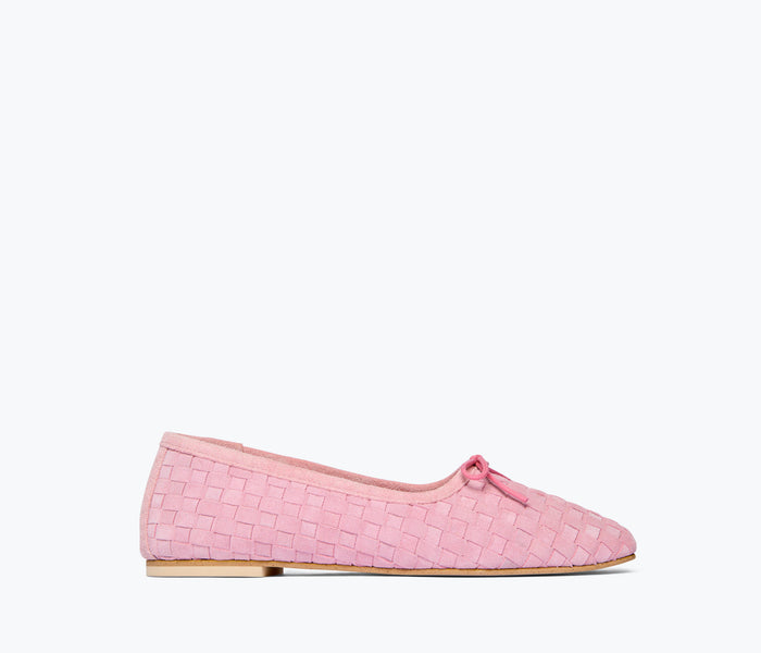 Freda Salvador JADA square toe ballet flat in peony suede, front view showing sleek design and soft material.