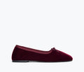 Fredrick Salvador JADA square toe ballet flat in rich oxblood velvet, front view showing sleek design and pointed toe shape.