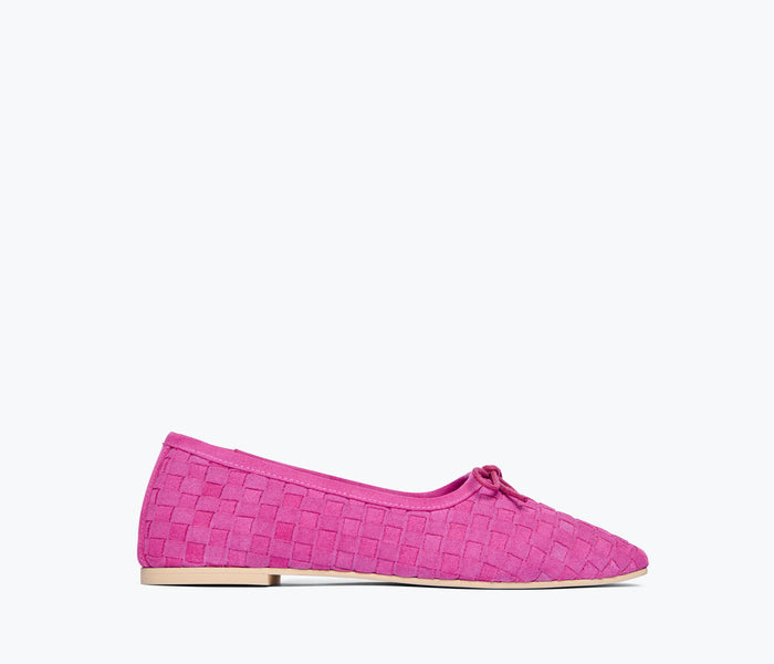 Fredas Salvador JADA square toe ballet flat in magenta suede, front view showing sleek design and vibrant color.