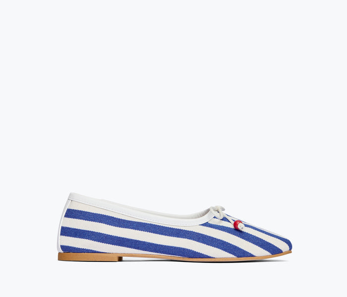 Navy and white canvas JADA square toe ballet flat by Freda Salvador with a sleek, minimalist design and flat sole.