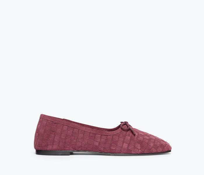 Freda Salvador JADA square toe ballet flat in wine woven suede, front view showing elegant design and textured material.
