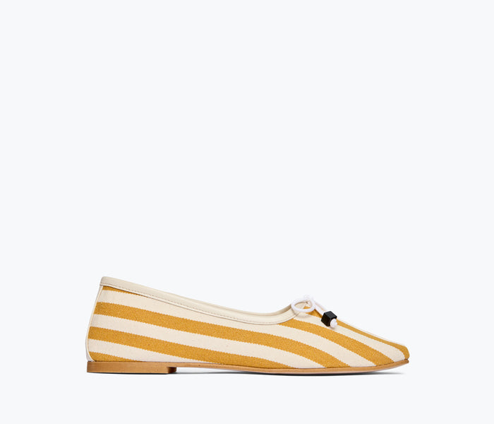 Freda Salvador JADA square toe ballet flat in mustard and white canvas, front view showing stylish and comfortable slip-on design.