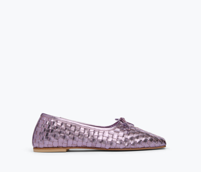 Lilac metallic JADA square toe ballet flat by FREDA SALVADOR, front view showing sleek design and pointed toe shape.