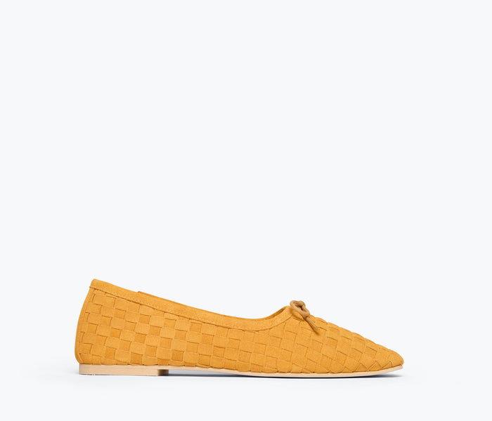 Fred Saldor JADA square toe ballet flat in marigold woven suede, showing the front view of this stylish, comfortable flat shoe.