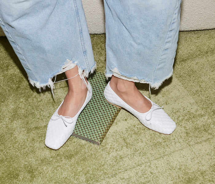 Freda Salvador Jada square toe ballet flat in white leather, featuring a sleek design and comfortable slip-on style.