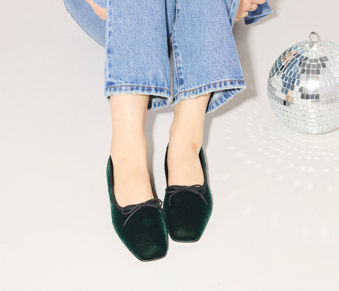 Fredrick Salvador JADA square toe ballet flat in rich emerald velvet, showcasing the elegant, soft fabric and classic flat design.