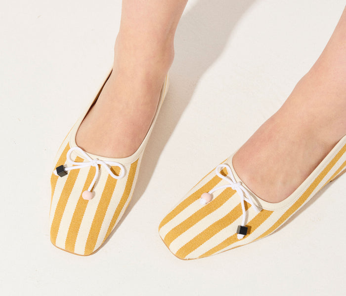 Fredas Salvador JADA square toe ballet flat in mustard and white canvas, showcasing the stylish casual shoe design.