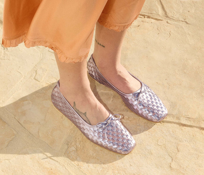 FREDA SALVADOR JADA square toe ballet flat in lilac metallic with sleek design and pointed toe, perfect for stylish everyday wear.