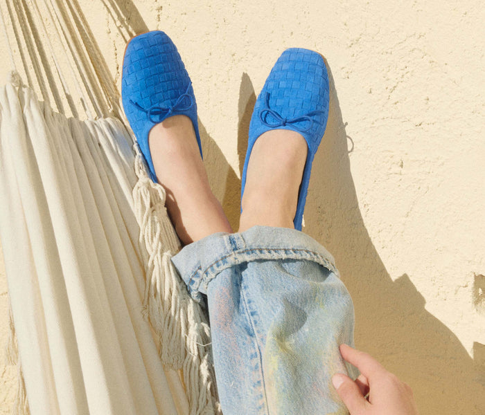 Fredas Salvador JADA square toe ballet flat in vibrant cobalt blue, showcasing smooth leather and elegant slip-on design.