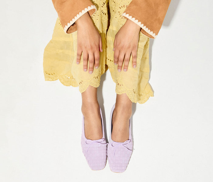Fredas Salvador JADA square toe ballet flat in thistle suede, showing the elegant design and soft suede material.