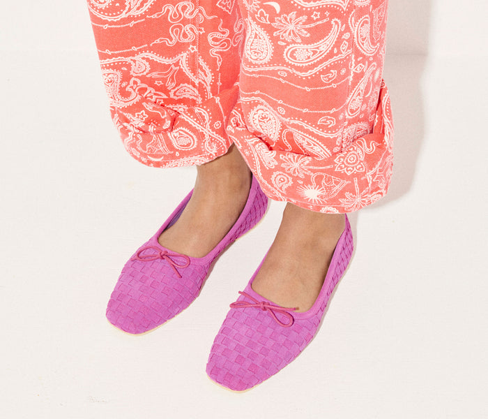 Freda Salvador JADA square toe ballet flat in magenta suede, showcasing a stylish and comfortable flat shoe design.