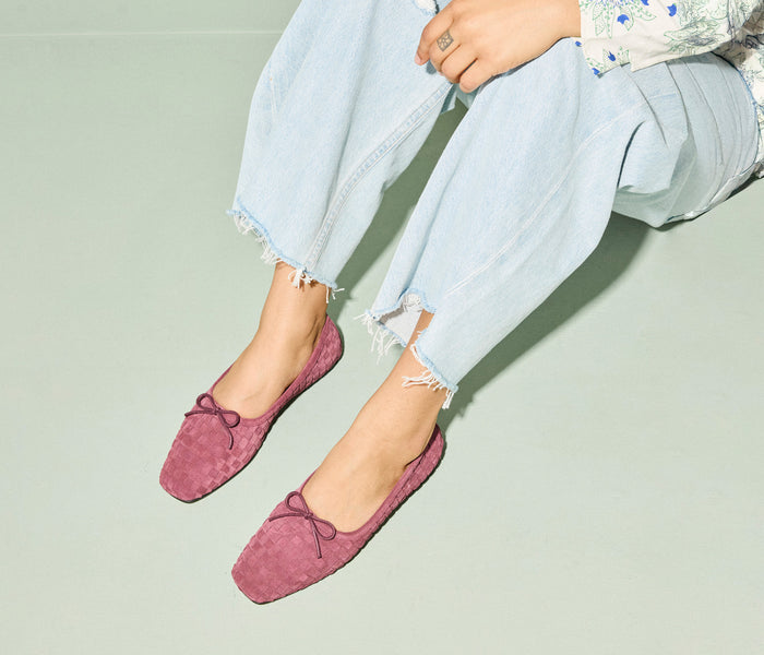 FREDA SALVADOR JADA square toe ballet flat in wine woven suede, showing the elegant flat shoe with a textured woven design.