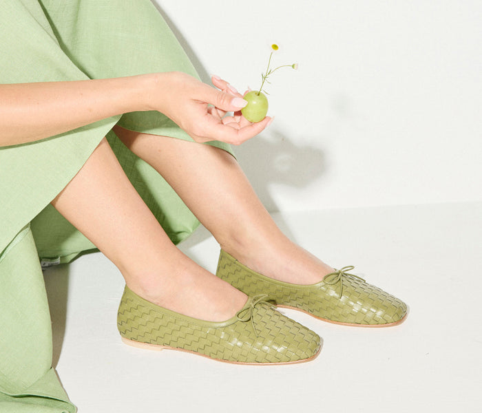 Freda Salvador JADA square toe ballet flat in moss woven fabric, showcasing the stylish and comfortable flat shoe design.
