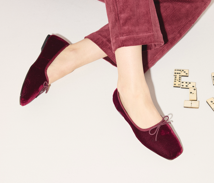 Freda Salvador JADA square toe ballet flat in rich oxblood velvet with a sleek, elegant design and comfortable flat sole.