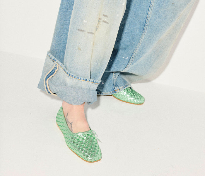 Freda Salvador JADA square toe ballet flat in mint metallic finish, stylish and comfortable women's flat shoe with sleek design.