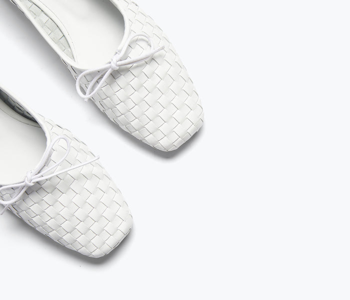 Freda Salvador JADA square toe ballet flat in white with woven detail, showcasing a stylish and comfortable footwear design.