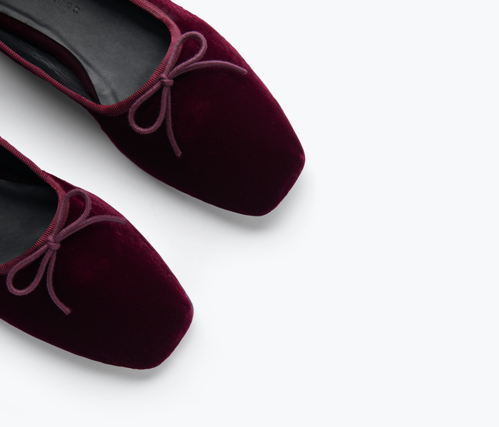 Freda Salvador JADA square toe ballet flat in oxblood velvet, showing the elegant toe design and soft fabric texture.