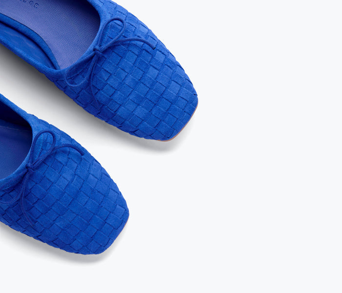 Fredas Salvador JADA square toe ballet flat in cobalt woven suede, showcasing a stylish flat with a sleek square toe design.