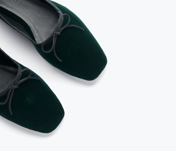 Freda Salvador JADA square toe ballet flat in emerald velvet, showing a close-up of the stylish toe design and rich fabric texture.