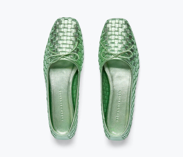 Freda Salvador JADA square toe ballet flat in mint metallic with sleek design and pointed toe on a neutral background.