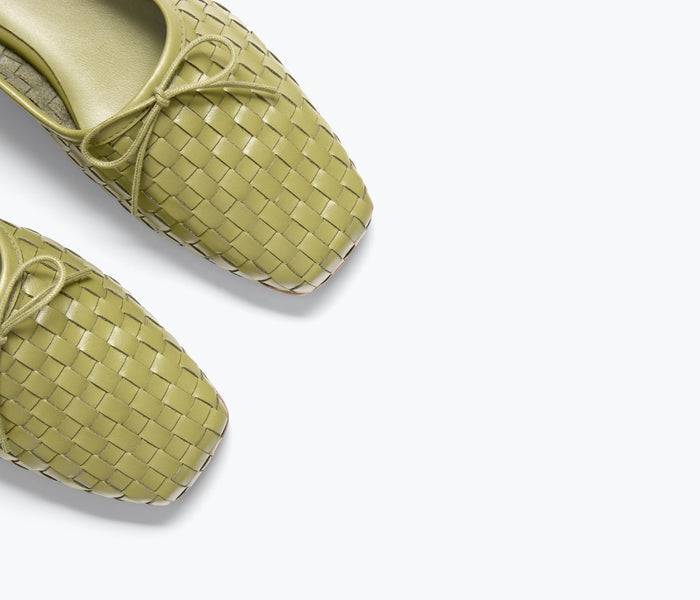 Freda Salvador JADA square toe ballet flat with woven detail in moss green, showcasing a stylish and comfortable flat shoe design.