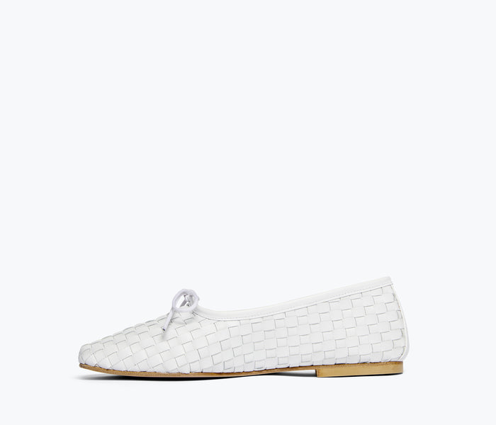 Freda Salvador JADA square toe ballet flat in white woven fabric, showing inside view of the comfortable flat shoe.