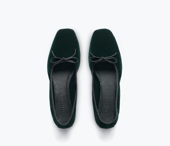 Fredrick Salvador JADA square toe ballet flat in emerald velvet, showing the textured velvet upper and sleek flat sole.