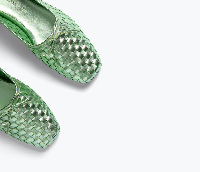 Freda Salvador JADA square toe ballet flat in mint metallic with sleek design and soft leather finish.