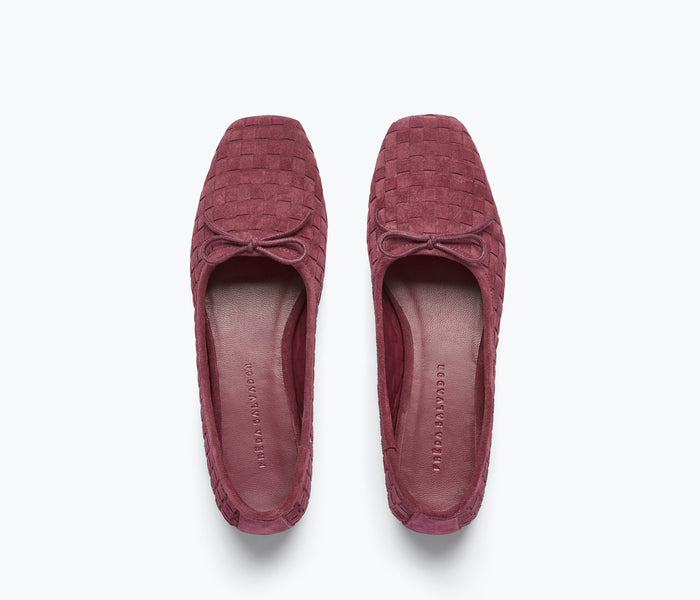 Freda Salvador JADA square toe ballet flat in wine woven suede with a flat sole and stylish design.